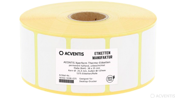 AEONTIS Xperform Etikettenrolle, Thermopapier, 38x25mm, für Desktop-Drucker, permanent haftend | AEO